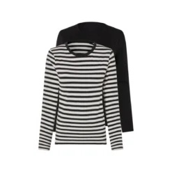 esmara® Damen Langarmshirt, 2 Stück, mit Baumwolle (Streifen/weiß/schwarz, L(44/46)) - B-Ware sehr gut