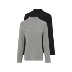 esmara® Damen Rollkragen-Langarmshirts, 2 Stück, gerippt (schwarz/grau, XS(32/34)) - B-Ware neuwertig