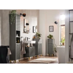 LIVARNO home Bad-Seitenschrank, mit Wellenoptik, schwarz - B-Ware sehr gut